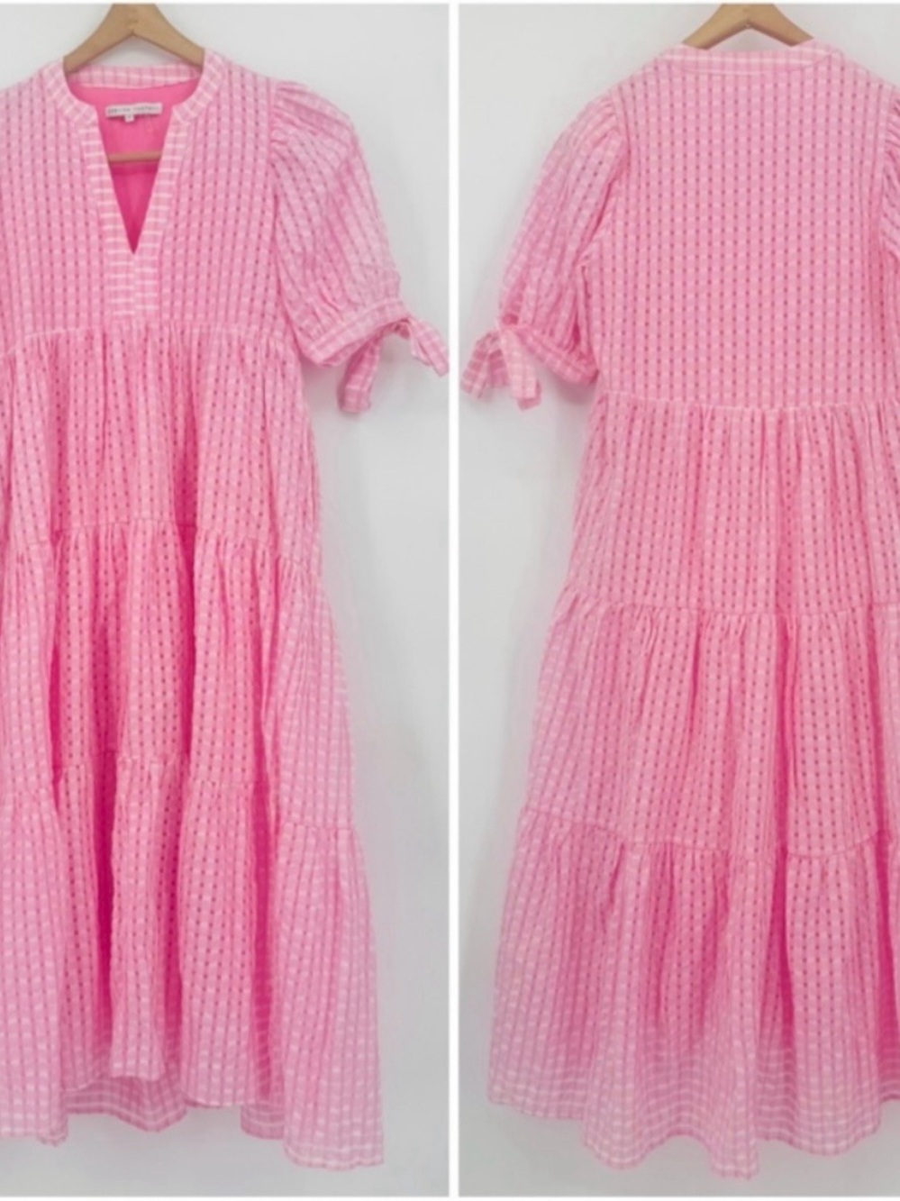 English Factory Pink Tiered Midi Dress with Puff Sleeves